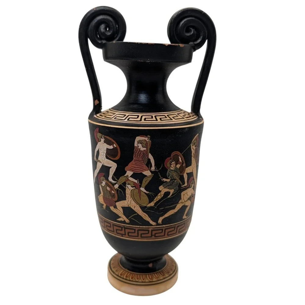 Greek Urn Vase Handmade Red Clay Pottery Grecian Warriors Double Handles SEE